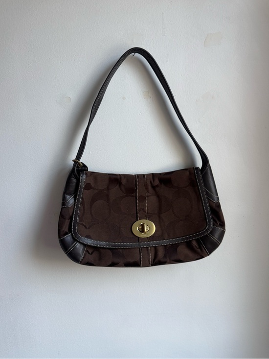 Coach Handbags - Coach Dark Brown Signature Canvas Shoulder Bag with Gold Turnlock